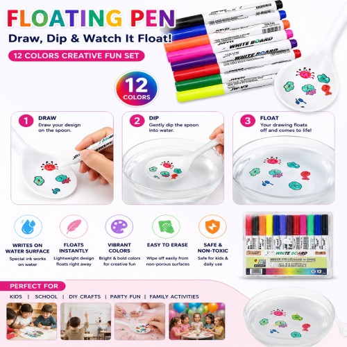 Picture of 12 Colors Floating Water Drawing Pen Set with Ceramic Spoon – Magic Whiteboard Marker for Kids DIY Art & Creative Painting