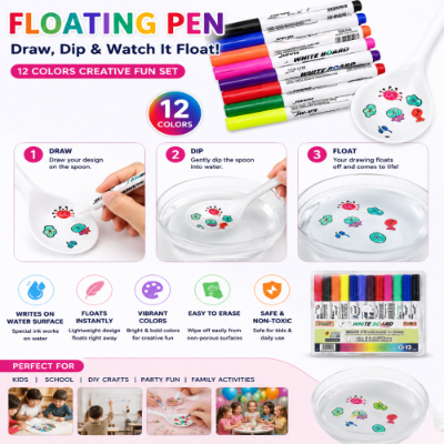 Picture of 12 Colors Floating Water Drawing Pen Set with Ceramic Spoon – Magic Whiteboard Marker for Kids DIY Art & Creative Painting