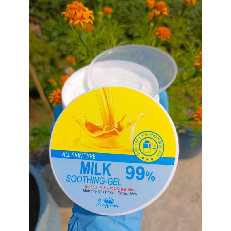 Picture of • Soothing gel with 99% milk extract for skin nourishment.  • Made in Korea, ensuring high-quality skincare product.  • Generous 300ml size for long-lasting use.  • Ideal for body care and maintaining healthy skin.  Step 1:  The product attributes are val - White