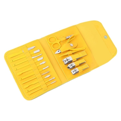 Picture of Portable 16-Piece Stainless Steel Manicure and Pedicure Set in a yellow case - Yellow