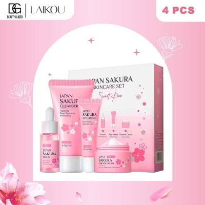 Picture of LAIKOU Japan Sakura Skincare Set Whitening Essence Anti- Aging eyes cream Brightening Serum 4pcs Skin Care sets - Pink