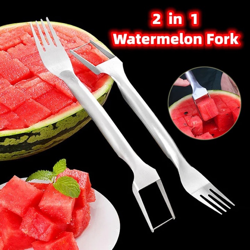 Picture of 2 In 1 Watermelon Fork Slicer Multi-purpose Stainless Steel Watermelon Slicer Cutter Kitchen Fruit Cutting Fork Fruit Divider Kitchen Gadgets