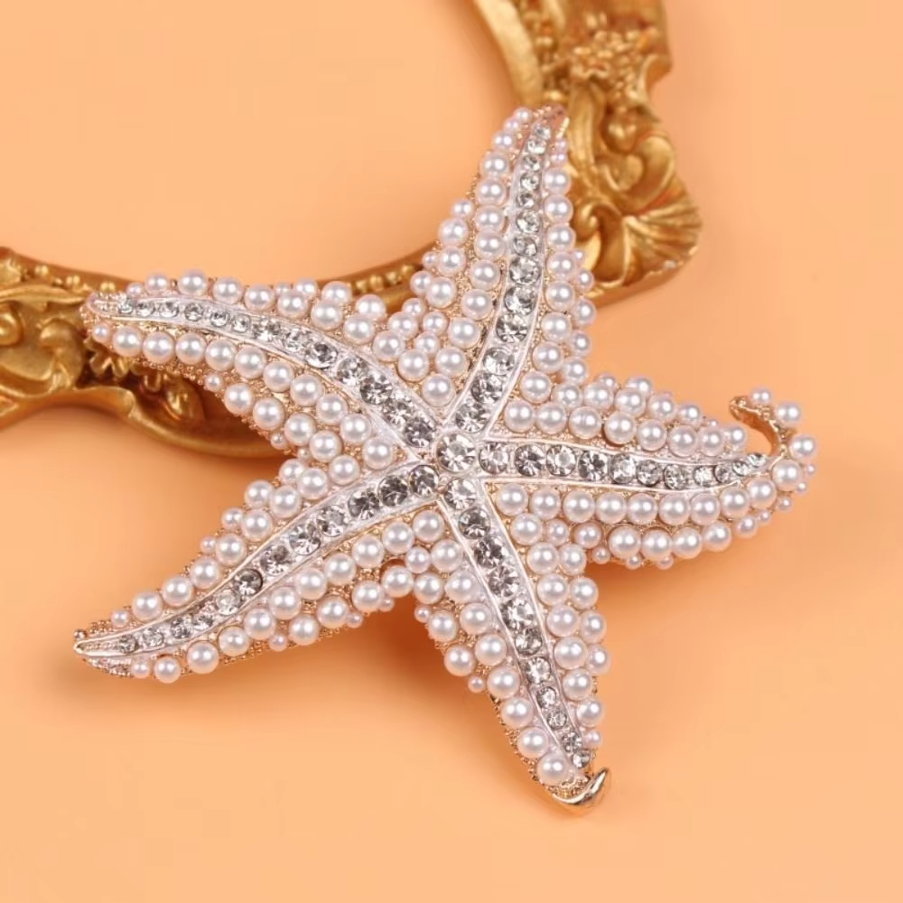 Picture of Elegant Pearl Starfish Brooch for Women – Rhinestone Sea Star Safety Pin for Party, Wedding & Casual Wear