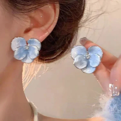 Picture of Retro Big Flower Stud Earrings for Women – Enamel Oil Petal Design with Rhinestones – Red & Blue | Elegant Wedding & Party Jewelry