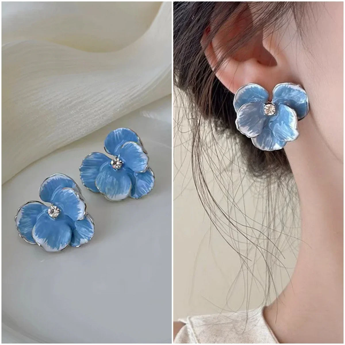 Picture of Retro Big Flower Stud Earrings for Women – Enamel Oil Petal Design with Rhinestones – Red & Blue | Elegant Wedding & Party Jewelry