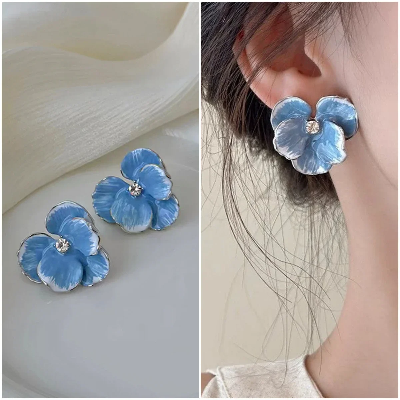 Picture of Retro Big Flower Stud Earrings for Women – Enamel Oil Petal Design with Rhinestones – Red & Blue | Elegant Wedding & Party Jewelry