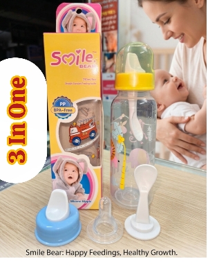 Picture of Smile Bear 3-in-1 Baby Feeding Bottle With Spoon & Silicone Nipple - 230ml - BPA-Free Multifunctional Infant Milk Feed Spoon Bottle