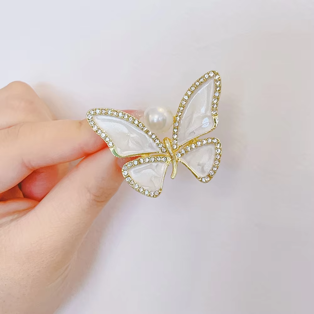 Picture of Elegant Pearl & Butterfly Brooch for Women & Girls | Stunning Safety Pin with White Gemstones