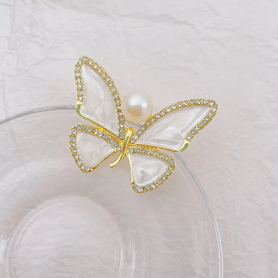 Picture of Elegant Pearl & Butterfly Brooch for Women & Girls | Stunning Safety Pin with White Gemstones
