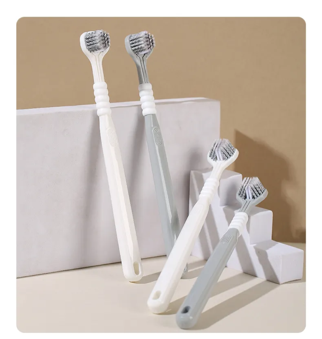 Picture of 3-Sided Toothbrush (2-Piece) – Triple Cleaning Head with Tongue Scraper | 360° Deep Clean for Teeth & Gums | Ultra-Soft 0.15mm Bristles (White/Grey)