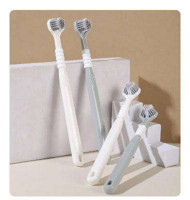 Picture of 3-Sided Toothbrush (2-Piece) – Triple Cleaning Head with Tongue Scraper | 360° Deep Clean for Teeth & Gums | Ultra-Soft 0.15mm Bristles (White/Grey)