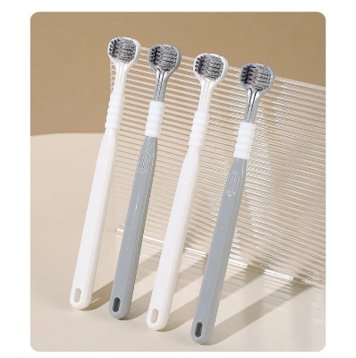 Picture of 3-Sided Toothbrush (2-Piece) – Triple Cleaning Head with Tongue Scraper | 360° Deep Clean for Teeth & Gums | Ultra-Soft 0.15mm Bristles (White/Grey)