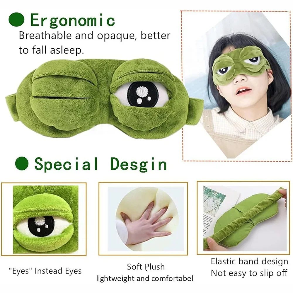 Picture of 3D Funny Frog Sleeping Eye Mask – Soft Plush Blackout Blindfold with Movable Eyelids | Travel, Nap & Relaxation Eye Cover for Men & Women Green