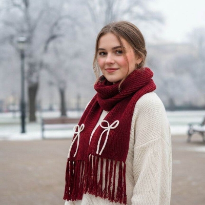 Picture of Premium Women’s Winter Knit Scarf | Soft Warm Wool Blend Mufflers | Stylish Bow Design | Long Tassel Shawl for Cold Weather Red Karanda