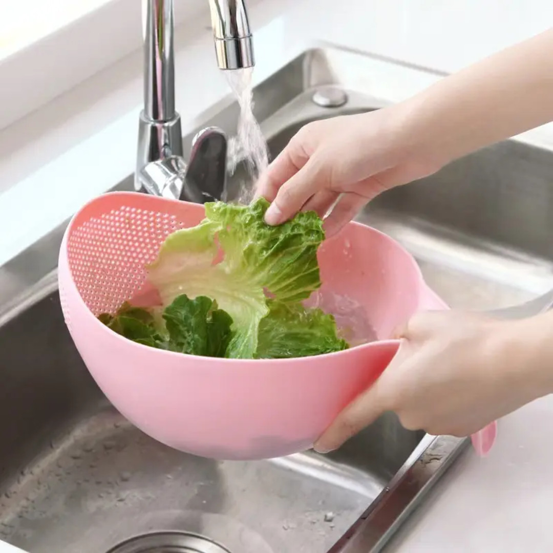 Picture of Multipurpose Kitchen Washing Bowl & Colander | Plastic Rice Strainer, Fruit & Vegetable Drain Basket with Ergonomic Handle Green