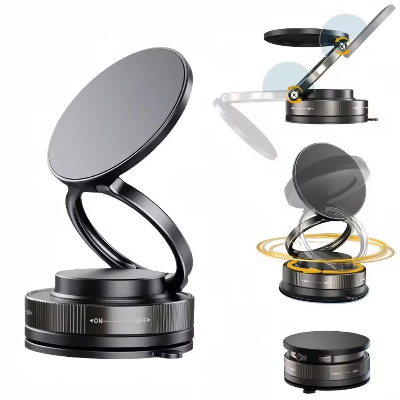 Picture of Mechanical Vacuum Suction Cup Magnetic Car Phone Holder | 3-Axis 360° Rotating Foldable Navigation Mount | Universal Hands-Free Bracket Stand for Dashboard, Windshield, Gym, Mirror & Desktop (Free Magnetic Metal Ring Included) Black