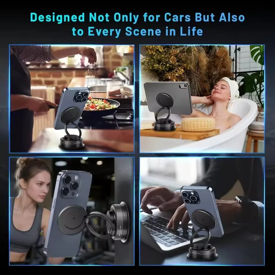 Picture of Mechanical Vacuum Suction Cup Magnetic Car Phone Holder | 3-Axis 360° Rotating Foldable Navigation Mount | Universal Hands-Free Bracket Stand for Dashboard, Windshield, Gym, Mirror & Desktop (Free Magnetic Metal Ring Included) Black