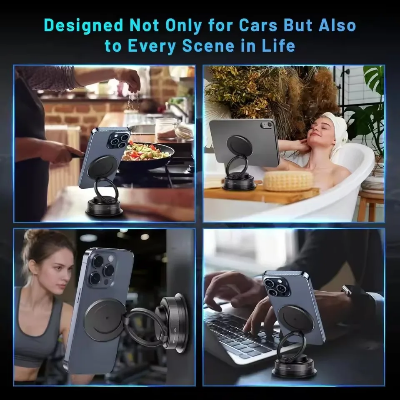 Picture of Mechanical Vacuum Suction Cup Magnetic Car Phone Holder | 3-Axis 360° Rotating Foldable Navigation Mount | Universal Hands-Free Bracket Stand for Dashboard, Windshield, Gym, Mirror & Desktop (Free Magnetic Metal Ring Included) Black