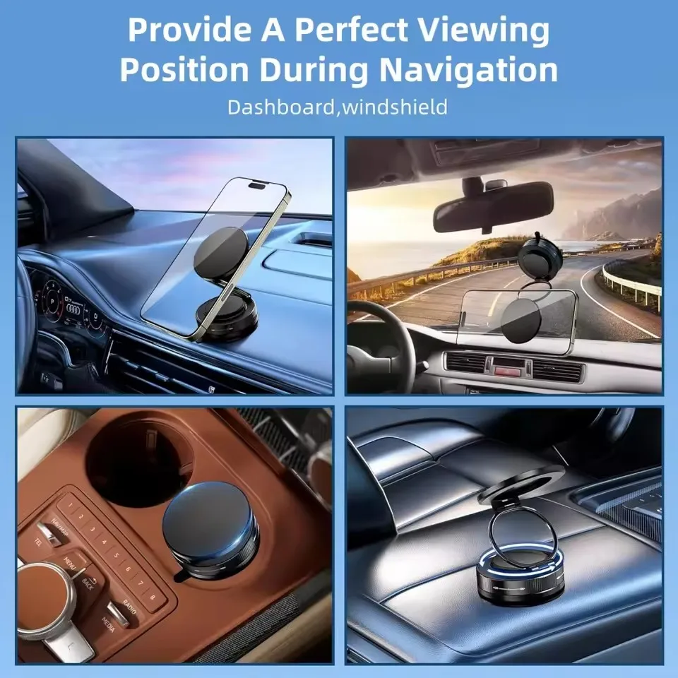 Picture of Mechanical Vacuum Suction Cup Magnetic Car Phone Holder | 3-Axis 360° Rotating Foldable Navigation Mount | Universal Hands-Free Bracket Stand for Dashboard, Windshield, Gym, Mirror & Desktop (Free Magnetic Metal Ring Included) Black