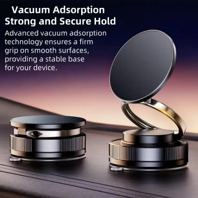 Picture of Mechanical Vacuum Suction Cup Magnetic Car Phone Holder | 3-Axis 360° Rotating Foldable Navigation Mount | Universal Hands-Free Bracket Stand for Dashboard, Windshield, Gym, Mirror & Desktop (Free Magnetic Metal Ring Included) Black