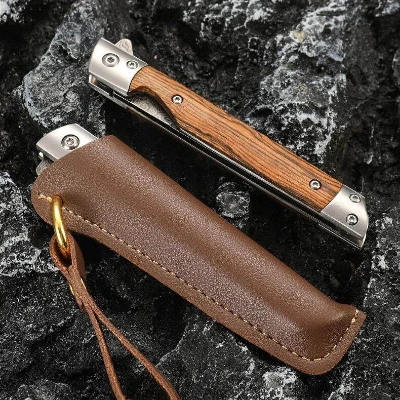 Picture of Portable Folding Utility Cutter | 3Cr13 Stainless Steel | Wooden Handle | Outdoor Camping Multi-Purpose Tool with Leather Sheath