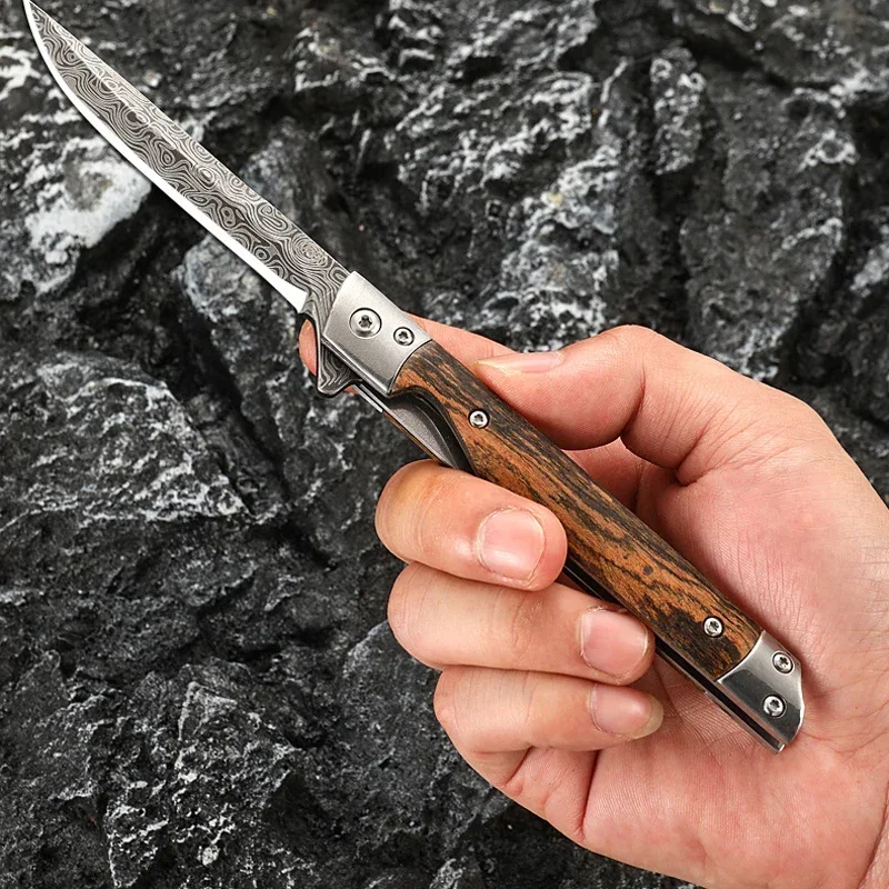 Picture of Portable Folding Utility Cutter | 3Cr13 Stainless Steel | Wooden Handle | Outdoor Camping Multi-Purpose Tool with Leather Sheath