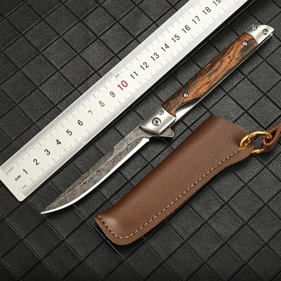 Picture of Portable Folding Utility Cutter | 3Cr13 Stainless Steel | Wooden Handle | Outdoor Camping Multi-Purpose Tool with Leather Sheath
