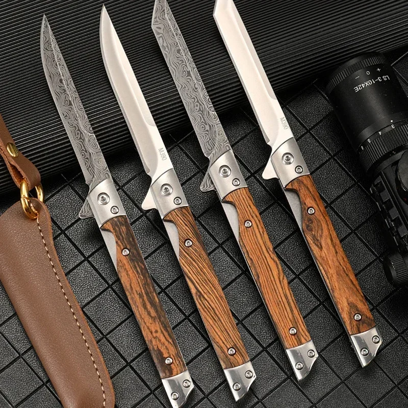 Picture of Portable Folding Utility Cutter | 3Cr13 Stainless Steel | Wooden Handle | Outdoor Camping Multi-Purpose Tool with Leather Sheath