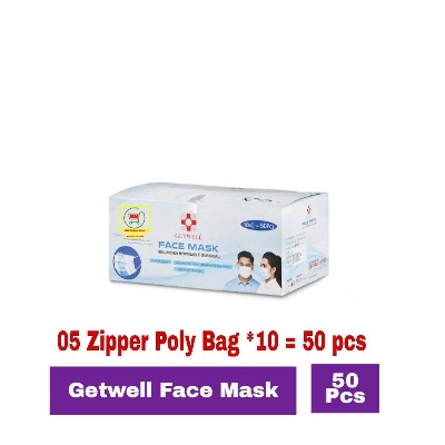 Picture of 50 Pcs Zipper Poly Pouch Bag (5*10) Getwell Surgical Face Mask 3 Ply Including Melt Blown Layer With Nose Bar For Adult-Light blue