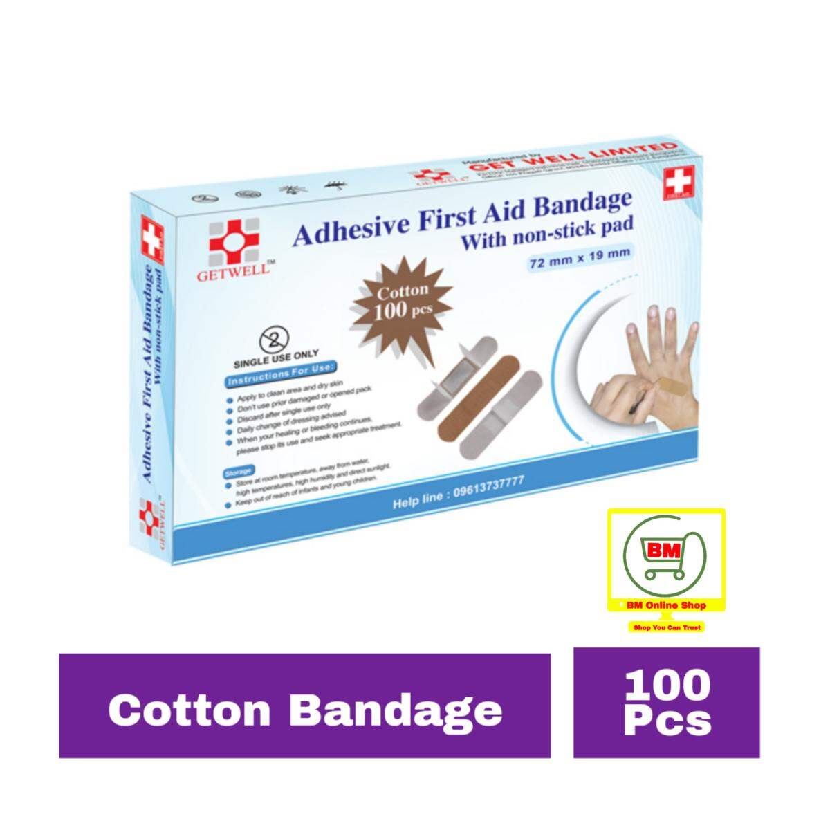 Picture of 100 Pcs Getwell First Aid Strip Tape One Time Cotton Bandages 825503