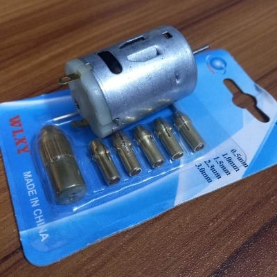 Picture of DC 12V Motor With Mini Drill Chucks Set 5 In 1 Electric Motor 2.35mm Shaft Hole Micro Clamp Socket Adapters Gold 0.5mm 1mm 1.5mm 2mm 2.5mm 3mm Drill Chuck DIY Tools Set
