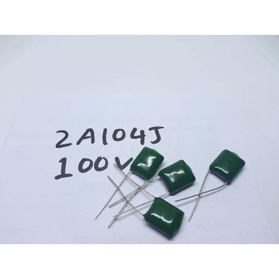 Picture of 10Pcs- MYLAR 100V 2A104J GREEN Color Mylar 2A104J 104J 100V Polyester Film Capacitor Metallized 100nF Polypropylene Non-Polarized Capacitors