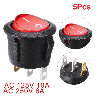 Picture of 5Pcs KCD1 Round Rocker SPST On Off Switch Red Light Illumination 3Pin 6A 250V