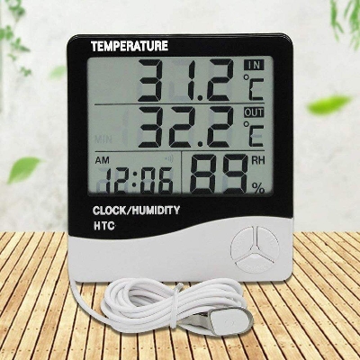 Picture of HTC2 HTC-2 Digital LCD Display With Temperature Humidity Meter Gauge Thermometer Hygrometer Temperature Sensor Indoor Outdoor 1.5M Length Cable Probe With Clock Wall Mount Meter