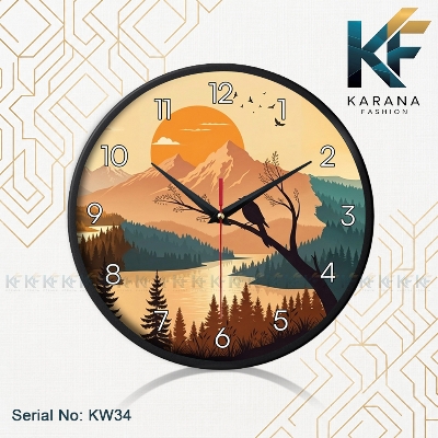 Picture of Karana Fashion (KW-34) 12-Inches Mountain Sunset Nature Landscape Decorative Wall Clock - Black