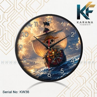 Picture of Karana Fashion (KW-36) 12-Inch One Piece Anime Wall Clock – Thousand Sunny Straw Hat Pirate Ship Decorative Round Wall Clock for Bedroom, Living Room & Kids Room - Black