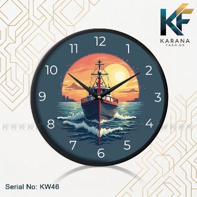 Picture of Karana Fashion (KW-46) Premium 12-Inch Decorative Wall Clock - Artistic Ship & Sunset Design for Home and Office - Black