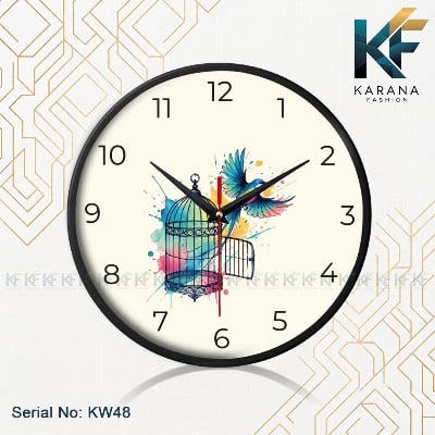 Picture of Karana Fashion (KW-48) Premium 12-Inch Decorative Wall Clock - Artistic Watercolor Bird & Open Cage Design for Home and Office Décor - Black