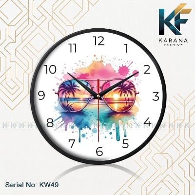 Picture of Karana Fashion (KW-49) Premium 12-Inch Decorative Wall Clock - Vibrant Watercolor Sunglasses & Beach Sunset Design for Home and Office - Black
