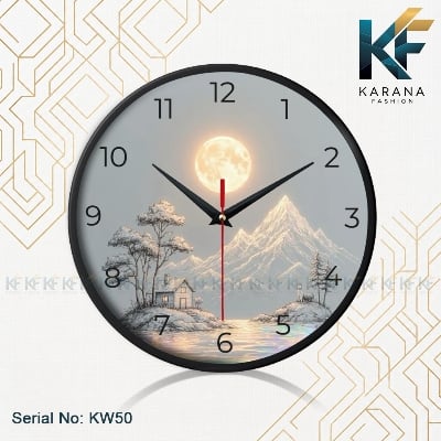 Picture of Karana Fashion (KW-50) Premium 12-Inch Decorative Wall Clock - Serene Full Moon, Mountain, and Lakeside Cabin Design for Home and Office - Black