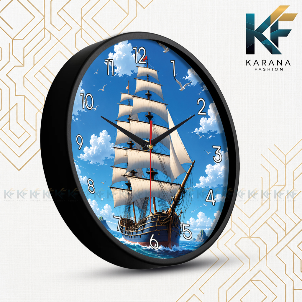 Picture of Karana Fashion KW28 Premium 12-Inch Vintage Sailing Ship Aesthetic Wall Clock - Black