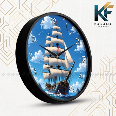 Picture of Karana Fashion KW28 Premium 12-Inch Vintage Sailing Ship Aesthetic Wall Clock - Black