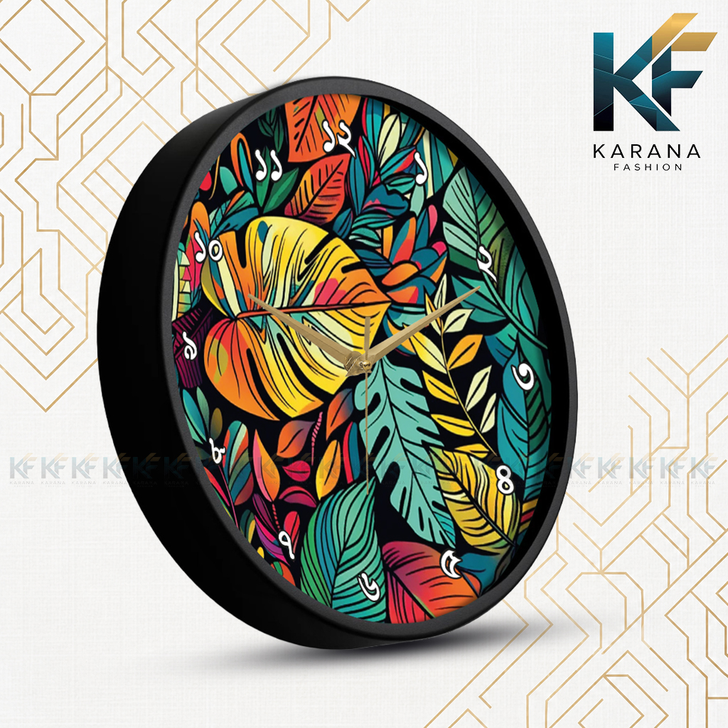 Picture of Karana Fashion (KW-33) 12-Inches Colorful Tropical Botanical Leaf Art Decorative Wall Clock with Bengali Numerals - Black