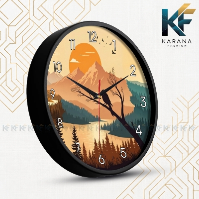 Picture of Karana Fashion (KW-34) 12-Inches Mountain Sunset Nature Landscape Decorative Wall Clock - Black