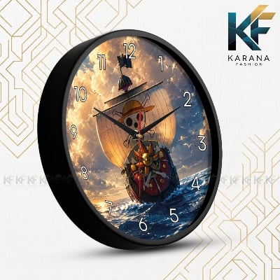 Picture of Karana Fashion (KW-36) 12-Inch One Piece Anime Wall Clock – Thousand Sunny Straw Hat Pirate Ship Decorative Round Wall Clock for Bedroom, Living Room & Kids Room - Black