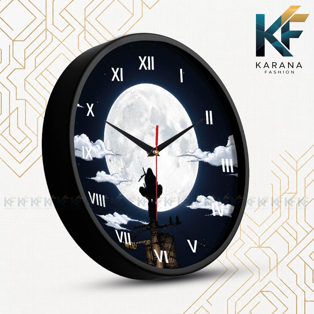 Picture of Karana Fashion (KW-37) 12-Inch Itachi Uchiha Full Moon Anime Wall Clock – Naruto Shinden Silhouette Decorative Round Roman Numeral Wall Clock for Bedroom & Living Room - Black