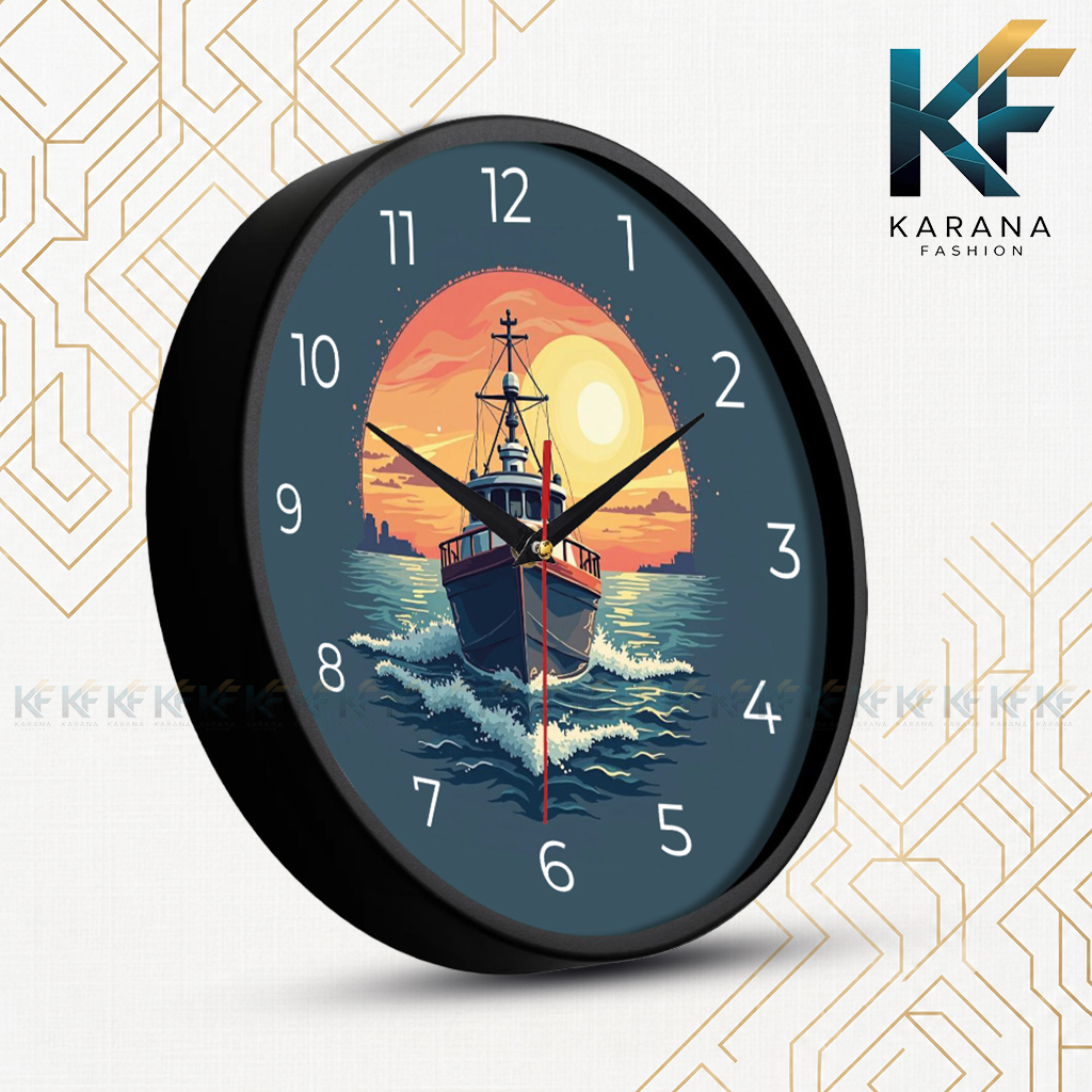 Picture of Karana Fashion (KW-46) Premium 12-Inch Decorative Wall Clock - Artistic Ship & Sunset Design for Home and Office - Black