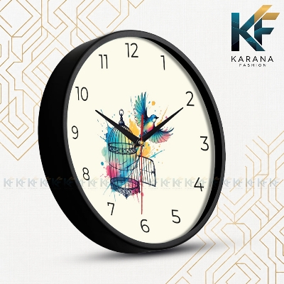Picture of Karana Fashion (KW-48) Premium 12-Inch Decorative Wall Clock - Artistic Watercolor Bird & Open Cage Design for Home and Office Décor - Black