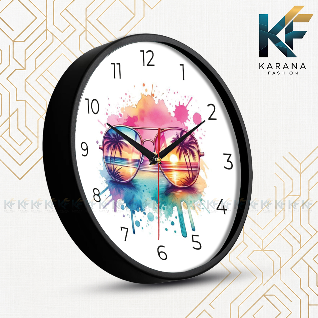 Picture of Karana Fashion (KW-49) Premium 12-Inch Decorative Wall Clock - Vibrant Watercolor Sunglasses & Beach Sunset Design for Home and Office - Black