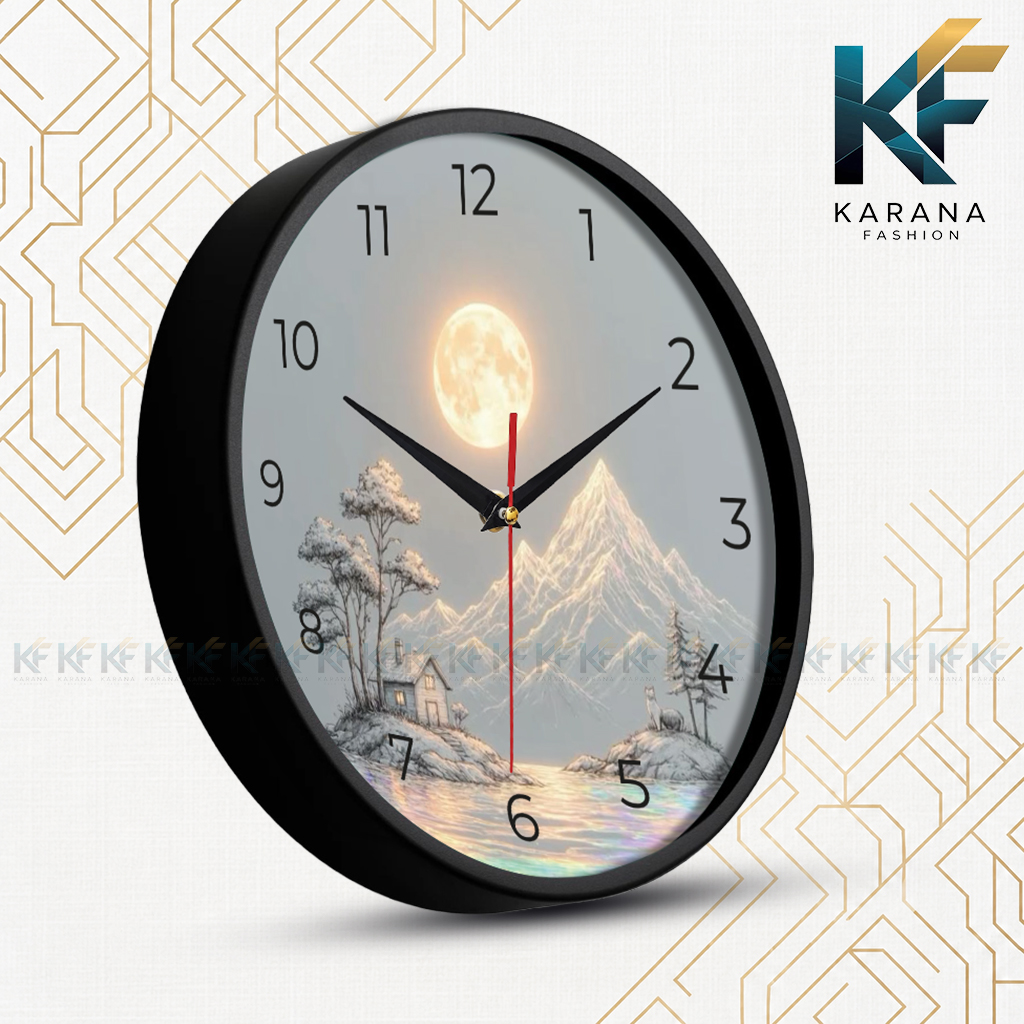 Picture of Karana Fashion (KW-50) Premium 12-Inch Decorative Wall Clock - Serene Full Moon, Mountain, and Lakeside Cabin Design for Home and Office - Black